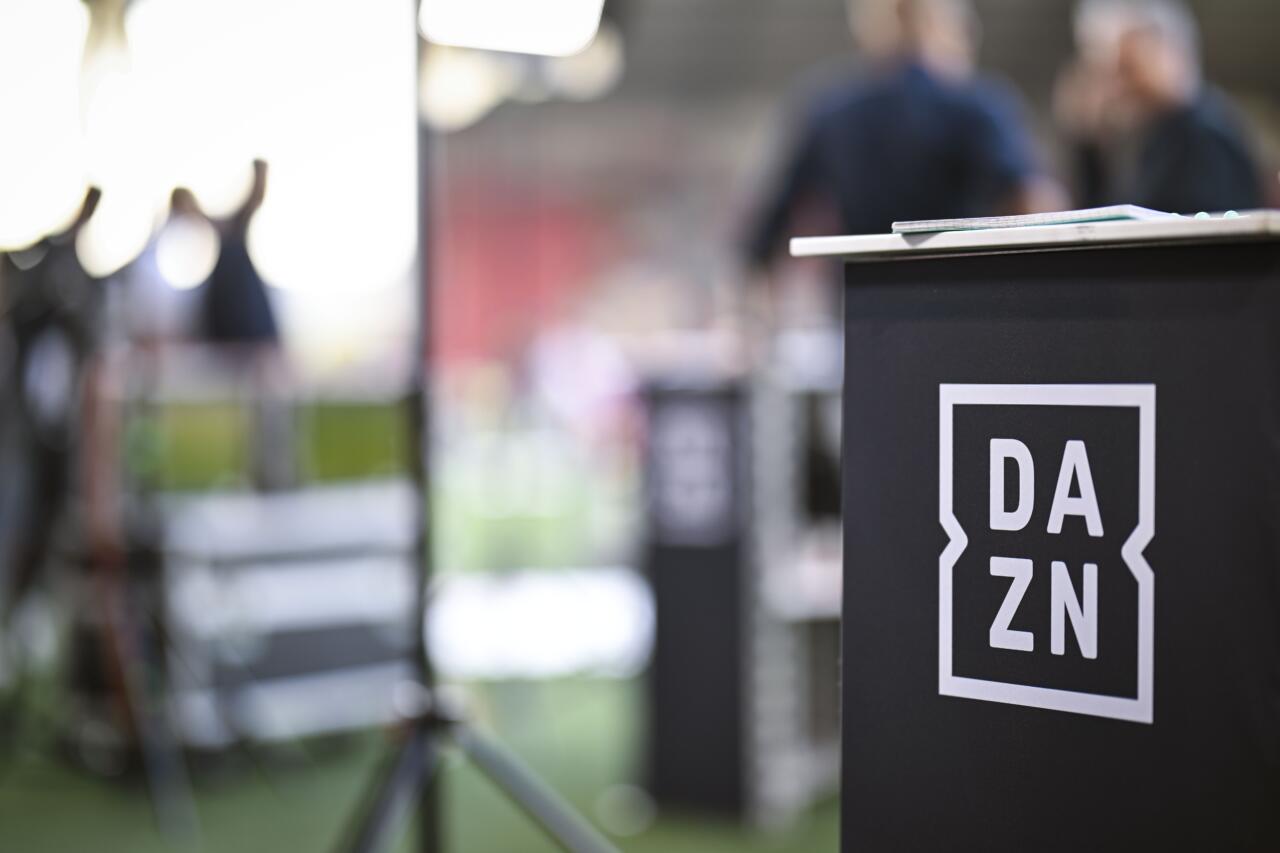 a DAZN logo pictured at a soccer match between Royal Antwerp FC and Royale Union Saint-Gilloise, Friday 25 July 2025 in Brussels, on day 1 of the 2025-2026 'Jupiler Pro League' first division of the Belgian championship. BELGA PHOTO TOM GOYVAERTS