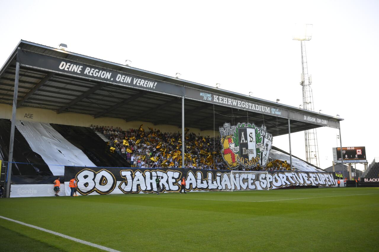 supporters are pictured during a soccer game between KAS Eupen and RFC Liege, Saturday 09 August 2025 in Eupen, on day 1 of the 2025-2026 'Challenger Pro League' 1B second division of the Belgian championship. BELGA PHOTO JOHN THYS