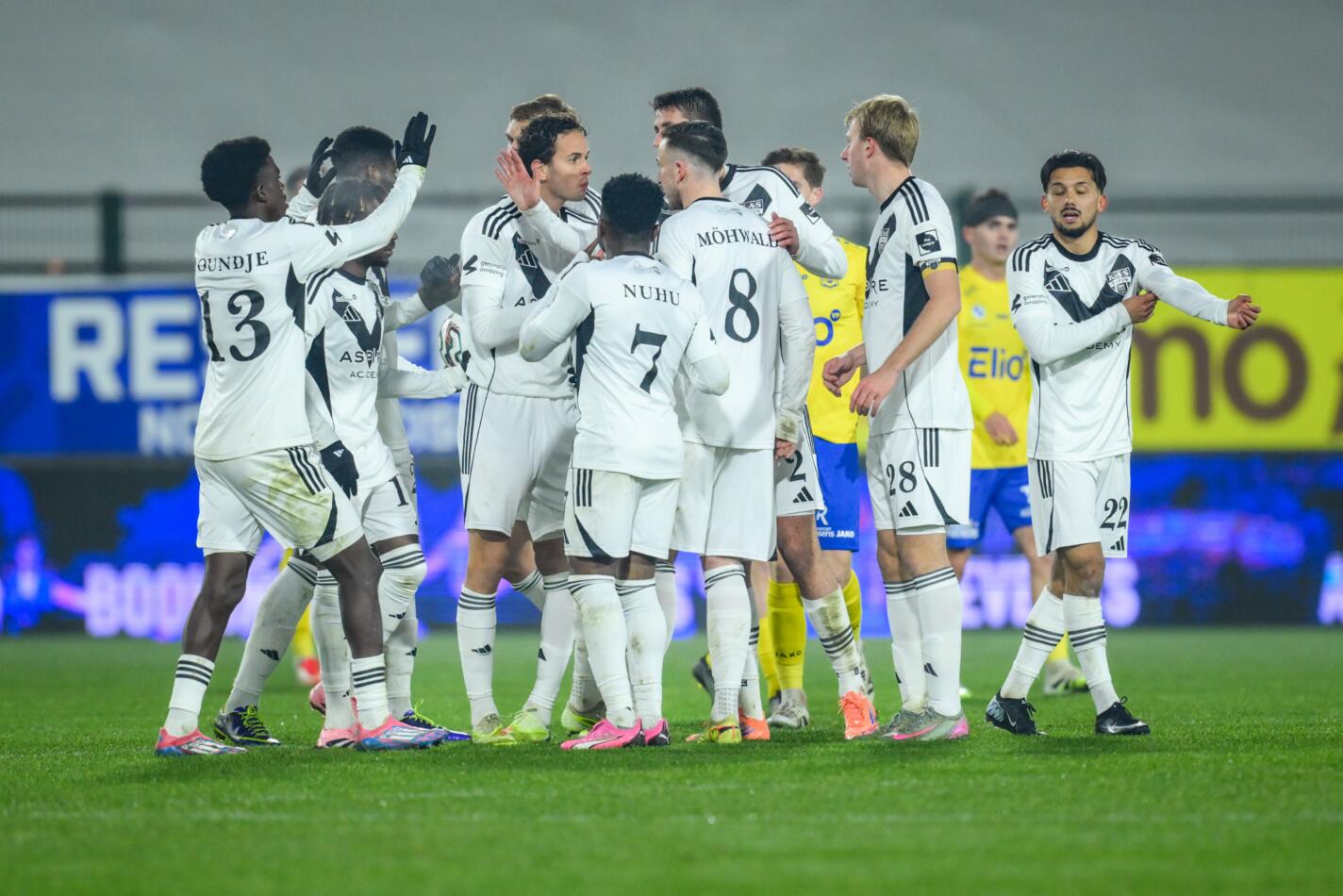 Eupen's players celebrate after scoring during a soccer game between SK Beveren and KAS Eupen, Friday 21 November 2025 in Beveren, on day 14 of the 2025-2026 'Challenger Pro League' 1B second division of the Belgian championship. BELGA PHOTO DAVID PINTENS