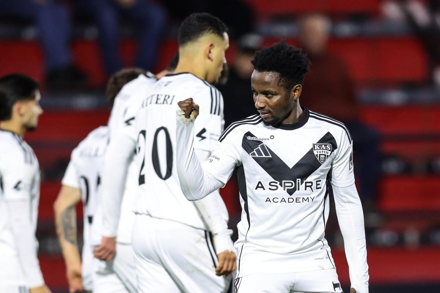 Eupen's Isaac Nuhu celebrates after scoring during a soccer game between RFC Seraing and KAS Eupen, Friday 05 December 2025 in Seraing, on day 16 of the 2025-2026 'Challenger Pro League' 1B second division of the Belgian championship. BELGA PHOTO BRUNO FAHY