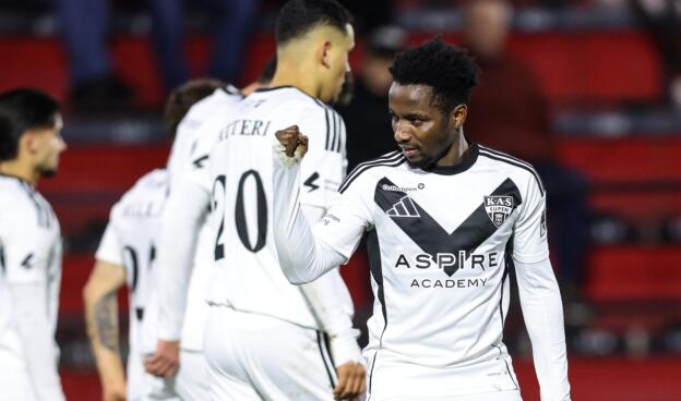 Eupen's Isaac Nuhu celebrates after scoring during a soccer game between RFC Seraing and KAS Eupen, Friday 05 December 2025 in Seraing, on day 16 of the 2025-2026 'Challenger Pro League' 1B second division of the Belgian championship. BELGA PHOTO BRUNO FAHY