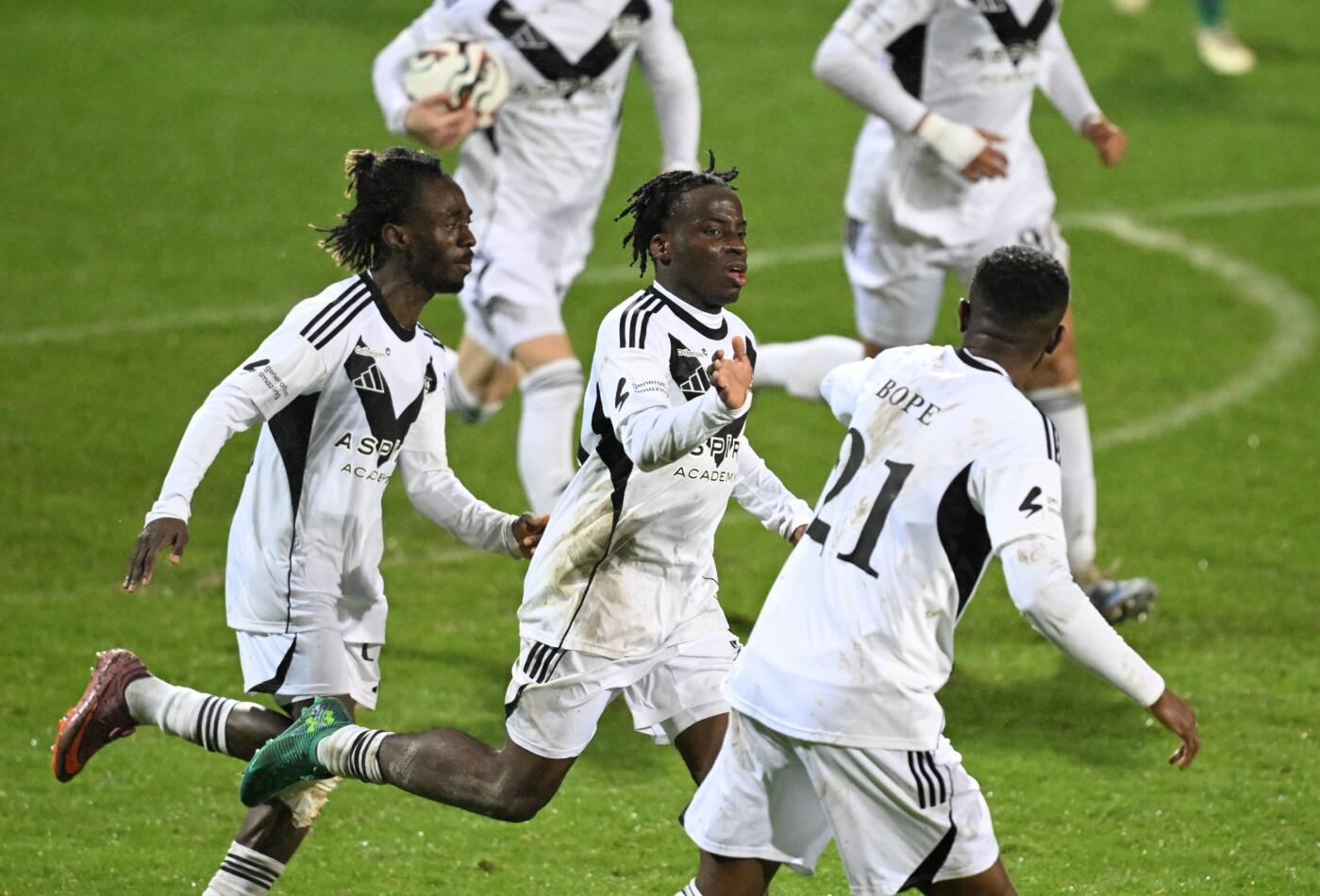 Eupen's Philip Ejike celebrates after, scoring and during a soccer game between KAS Eupen and Royal Francs Borains, Saturday 21 February 2026 in Eupen, on day 26 of the 2025-2026 'Challenger Pro League' 1B second division of the Belgian championship. BELGA PHOTO JOHN THYS