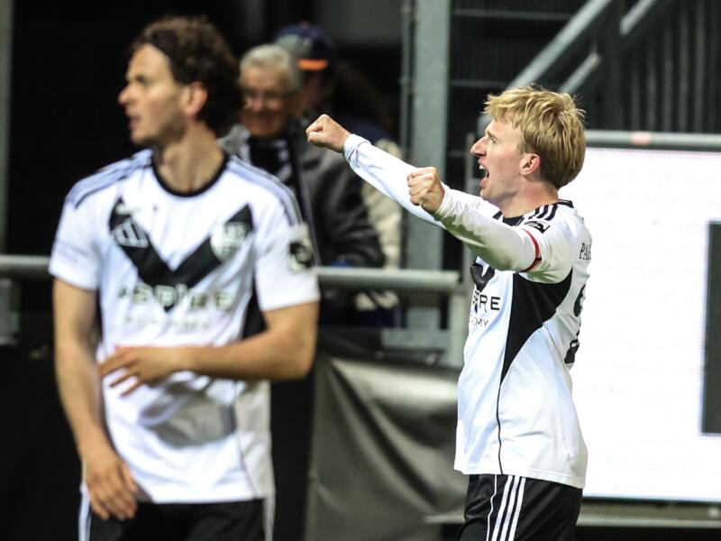 Eupen's Rune Paeshuyse celebrates after scoring during a soccer game between KAS Eupen and Beerschot VA, Friday 10 April 2026 in Eupen, on day 33 of the 2025-2026 'Challenger Pro League' 1B second division of the Belgian championship. BELGA PHOTO BRUNO FAHY