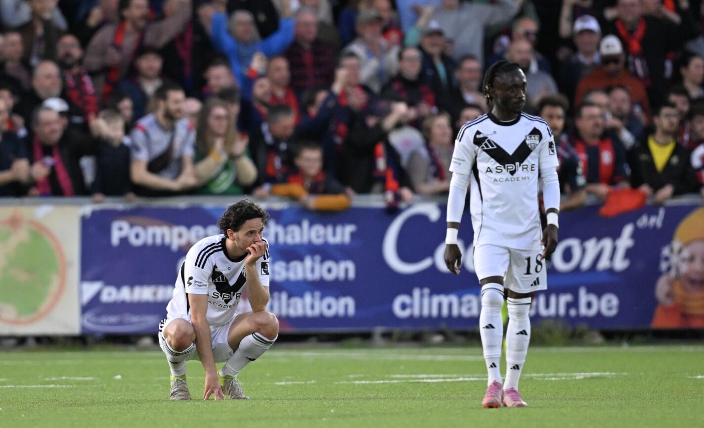 Eupen's Gabriel Bares and Eupen's Amadou Keita react during a soccer game between RFC Liege and KAS Eupen, Friday 17 April 2026 in Liege, on day 34 of the 2025-2026 'Challenger Pro League' 1B second division of the Belgian championship. BELGA PHOTO JOHN THYS