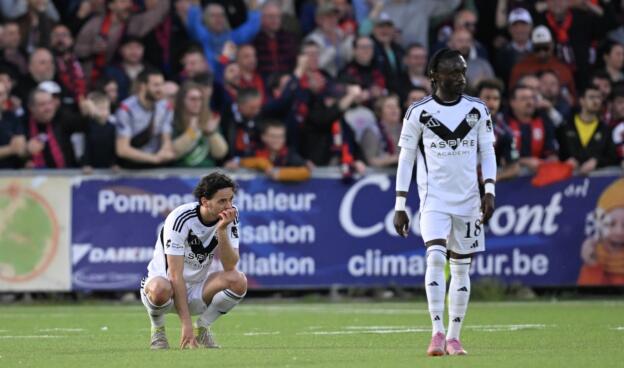 Eupen's Gabriel Bares and Eupen's Amadou Keita react during a soccer game between RFC Liege and KAS Eupen, Friday 17 April 2026 in Liege, on day 34 of the 2025-2026 'Challenger Pro League' 1B second division of the Belgian championship. BELGA PHOTO JOHN THYS