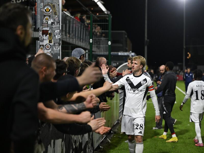 Eupen's players react after losing a soccer game between RFC Liege and KAS Eupen, Friday 17 April 2026 in Liege, on day 34 of the 2025-2026 'Challenger Pro League' 1B second division of the Belgian championship. BELGA PHOTO JOHN THYS